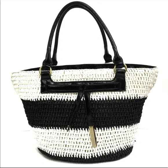 Adrienne Vittadini Nautical Black White Straw Summer Tote Bag - Picture 1 of 16